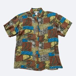 Vintage 90s 100% Silk Abstract Print Shirt Blouse Short Sleeve Oversized M -